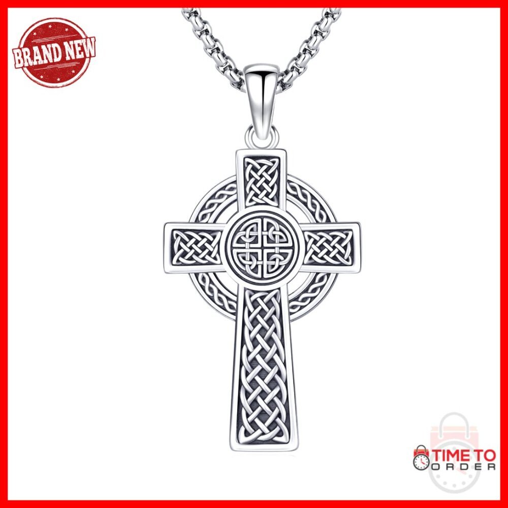 925 Sterling Silver Celtic Cross Pendant Necklace with Stainless Steel Chain